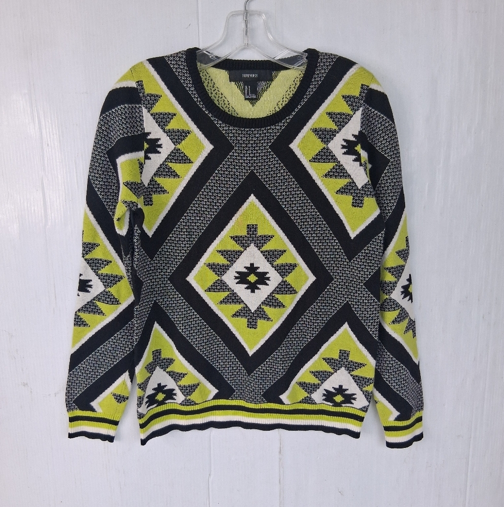 Forever 21 Long Sleeve Argyle Sweater Womens M Black/Green